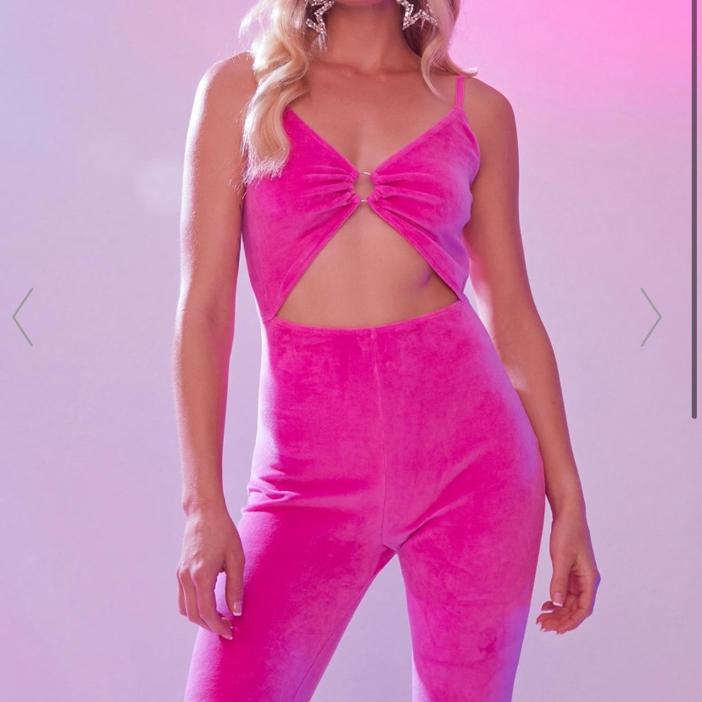 Dolls Kill Hot Pink Flared Velour Jumpsuit